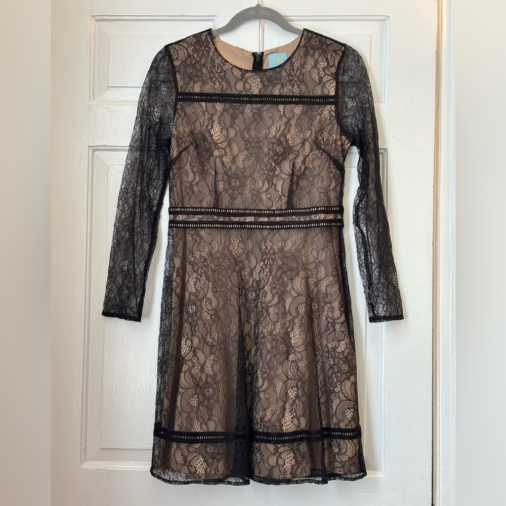 Cece Lace Nude Long Sleeve Fit and Flare Mini Dress, size 6